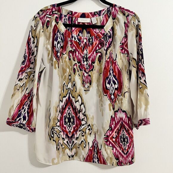 Chico Blouse Size 2 / Large Ivory Pink Scarf Print Silky Flowy Top Lightweight - Picture 1 of 5